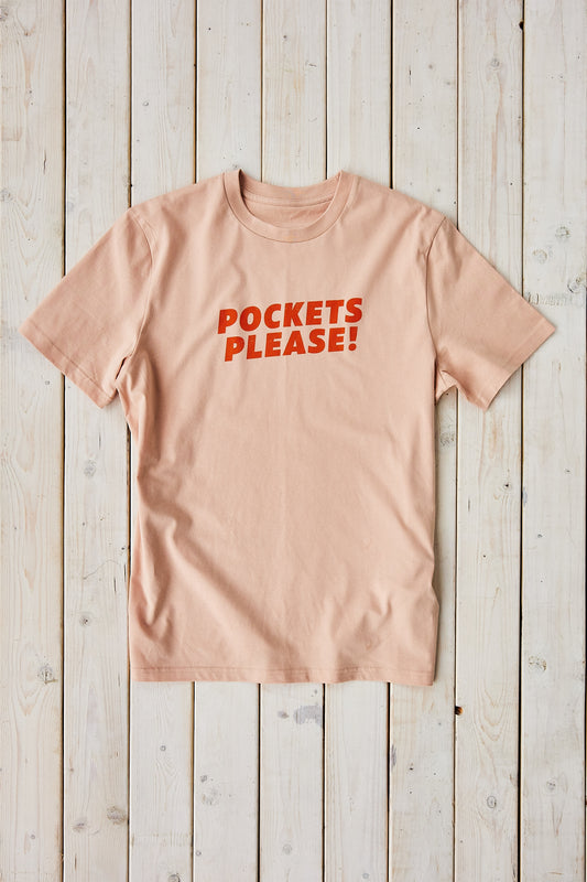 Pockets please T-shirt, ferskenfarvet, orange frontprint, barn