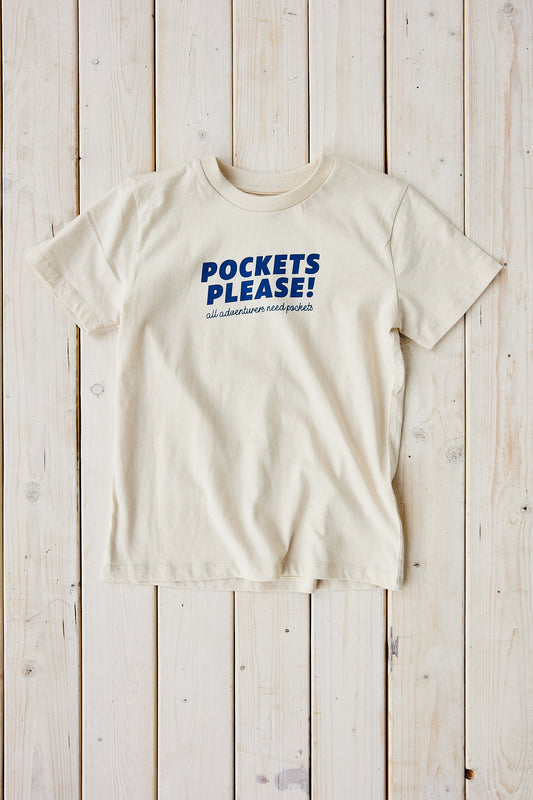 Pockets please T-shirt, off-white, blåt frontprint barn